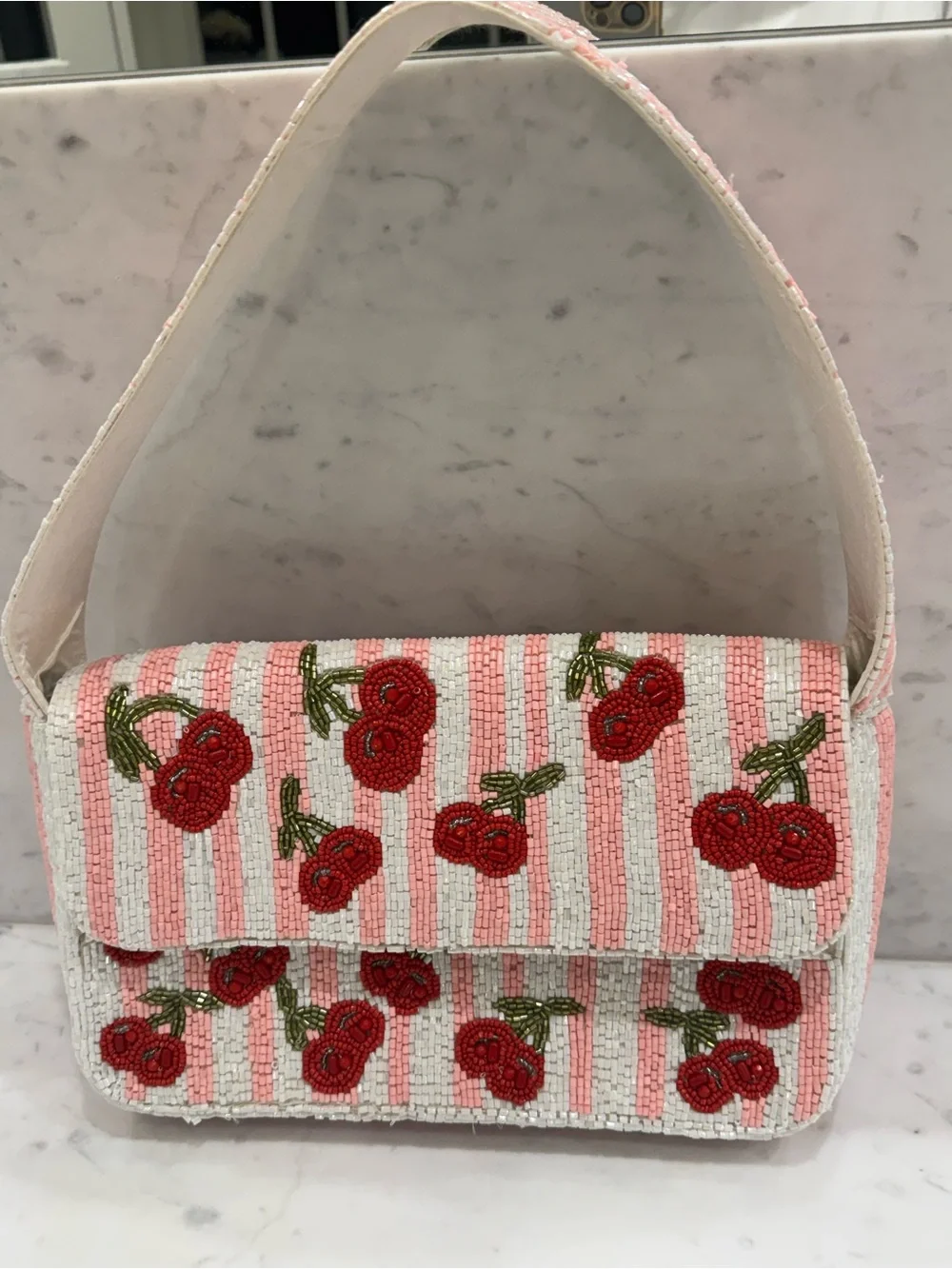 🍒Handcrafted in India Viral Beaded Cherry Shoulder Bag Cherries Pink Striped - Picture 12 of 13
